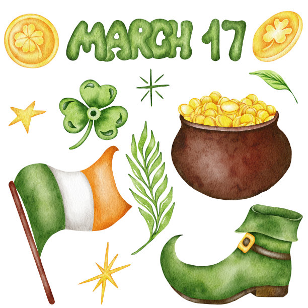 为圣帕特里克节准备了绿帽子、绿心、爱尔兰国旗、啤酒、三叶草和马蹄铁。水彩手绘插图。图片下载