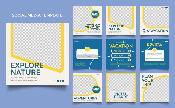 社交媒体模板横幅旅游度假服务推广。完全可编辑的方柱框架拼图有机销售海报图片下载