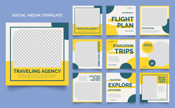 社交媒体模板横幅旅游度假服务推广。完全可编辑的方柱框架拼图有机销售海报图片下载