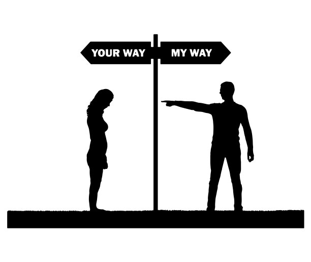 一个自私的男人和一个被他赶走的悲伤的女人的剪影。矢量剪影图片下载