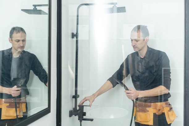 年轻的水管工正在修理淋浴房。图片下载