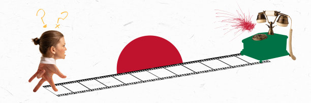 紧急电话。当代艺术拼贴画，女人的头在人的手上，而不是身体和腿，像办公室职员走向复古电话。动手的东西图片下载