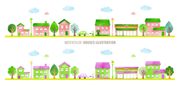 一套卡通风格的建筑。矢量插图隔离在白色背景上。图片下载