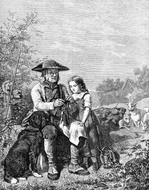 乡村生活在乡下，爷爷帮孙女做针线活，坐在外面带着狗和农场的牲畜，复古的印花图片下载