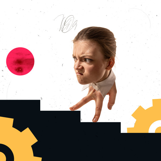 在业务流程中不轻信的人。当代艺术拼贴，女人的头在人的手上，而不是身体和腿，像商业女性，员工图片下载