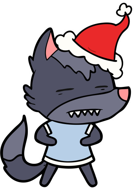 手绘线画狼露出牙齿戴着圣诞老人的帽子图片下载
