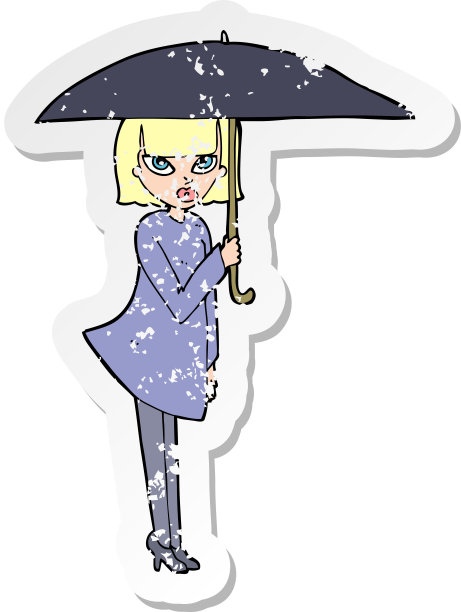 一个带伞的卡通女人的复古心疼贴纸图片下载
