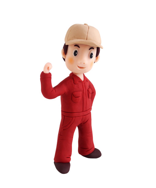 工人们微笑着捶肚子(粘土)图片下载