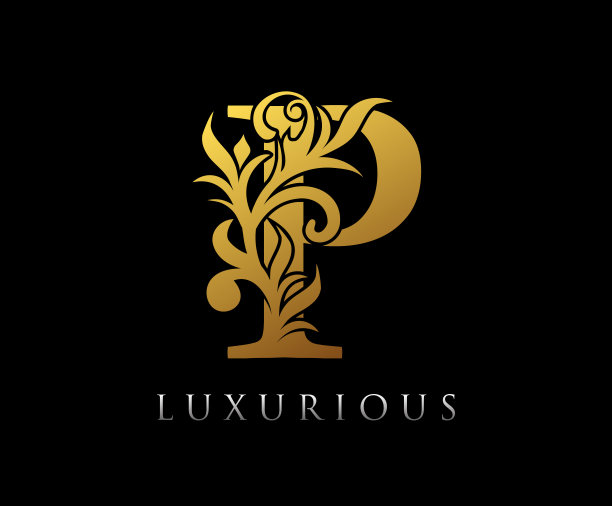 黄金P豪华标志图标，复古漩涡P字母标志设计。图片下载