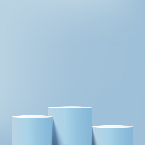3d蓝色讲台和最小的蓝色墙壁场景。3d讲台最小抽象背景。粉彩抽象的房间设计。向量图片下载