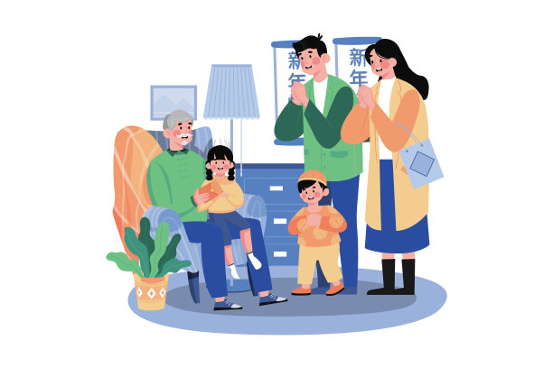 一家人一起做问候手势。图片下载