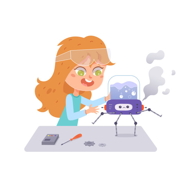 机器人项目建设和工程在学校矢量说明。机器人课上，卡通女学生戴着护目镜拿着烙铁制作机器人玩具，快乐的孩子坐在桌前图片下载
