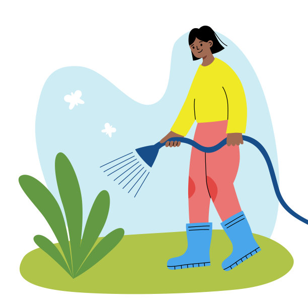 女人在花园里浇灌植物，园艺图标，女性农民的矢量插图，植物，软管的涂鸦图标图片下载