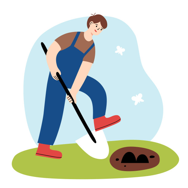 男人在花园里工作，园艺场景，挖掘图标，矢量涂鸦说明铲，坑在土壤，男性农民种植一棵树图片下载