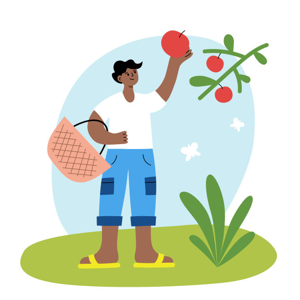 收获苹果图标，男性农民在花园里工作，男人从树上摘水果，矢量涂鸦桶插图图片下载