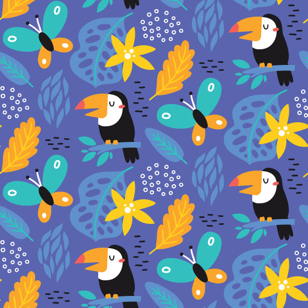 无缝可爱的矢量花卉热带图案巨嘴鸟，蝴蝶，叶子，植物，树枝和花朵图片下载