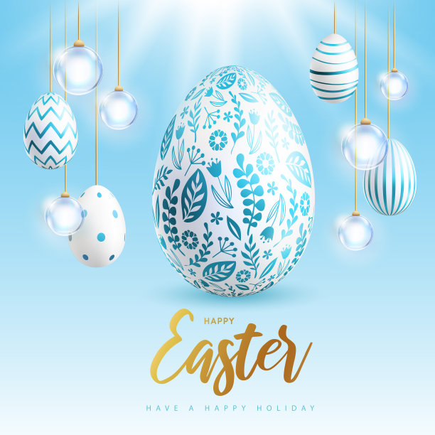 快乐的复活节假期背景与复活节彩蛋和花卉装饰。贺卡或海报。矢量图图片下载