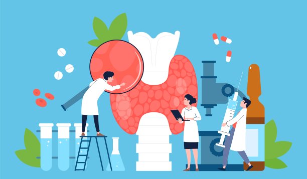 内分泌科甲亢医学概念。甲状腺疾病，医生比较健康和病理器官。内部问题，最近的病媒医疗现场图片下载