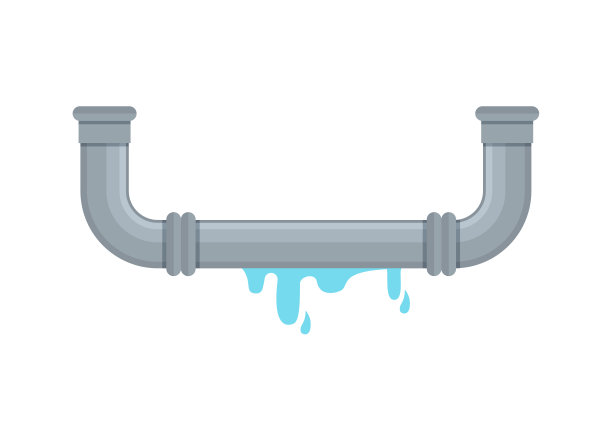 破损的金属管道与漏水，平面风格矢量插图。管道的一部分。图片下载