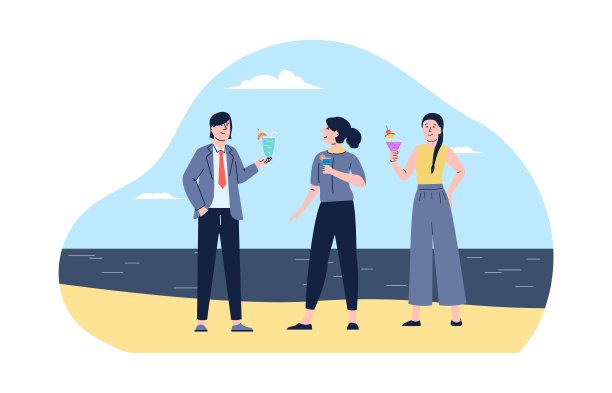 办公室团队在沙滩上休息，喝着饮料。经理放假或休假。快乐的男人和女人在夏季聚会，自由职业者矢量概念图片下载