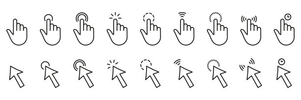 鼠标指针线图标。计算机光标箭头线性象形文字。数字网页手指网站大纲图标。链接网站，推，选择，按符号。可编辑的中风。孤立矢量图图片下载