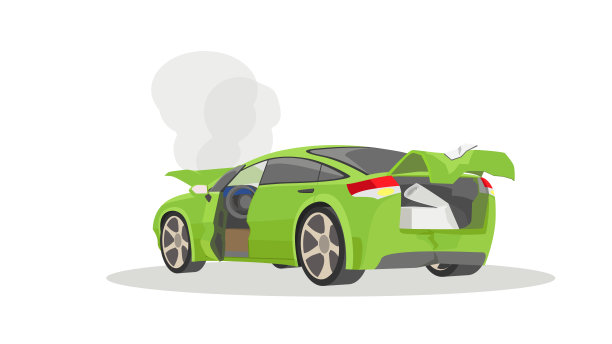 一辆客车发生事故。引擎盖和后备箱盖打开。车尾被撞坏了。图片下载