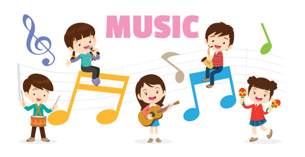 播放儿童群体的音乐概念。卡通跳舞的孩子和拿着乐器的孩子。可爱的儿童音乐家各种动作演奏音乐图片下载