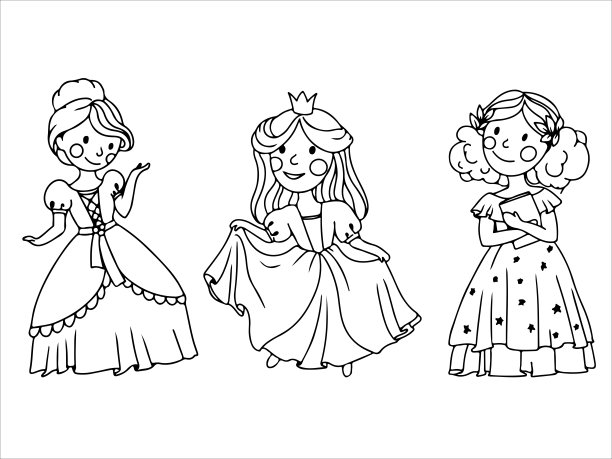 穿着舞会礼服的可爱公主，魔法服装女孩填色书，中世纪矢量插画（白色背景）图片下载