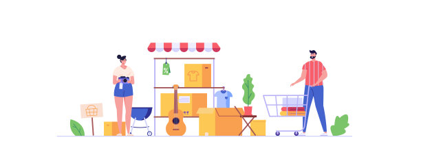 邻居们在车库甩卖会上买卖私人物品。人们购买家庭用品。车库甩卖，跳蚤市场，集市的概念。平面卡通设计中的矢量插图图片下载