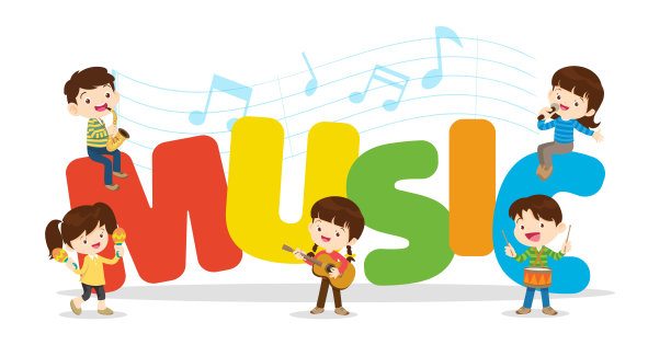 播放儿童群体的音乐概念。卡通跳舞的孩子和拿着乐器的孩子。可爱的儿童音乐家各种动作演奏音乐图片下载
