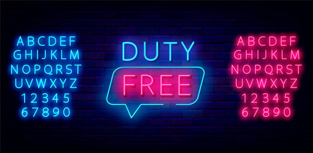 砖墙上的免税霓虹灯标志。语音气泡框架。特别提供机场设计。矢量股票图图片下载