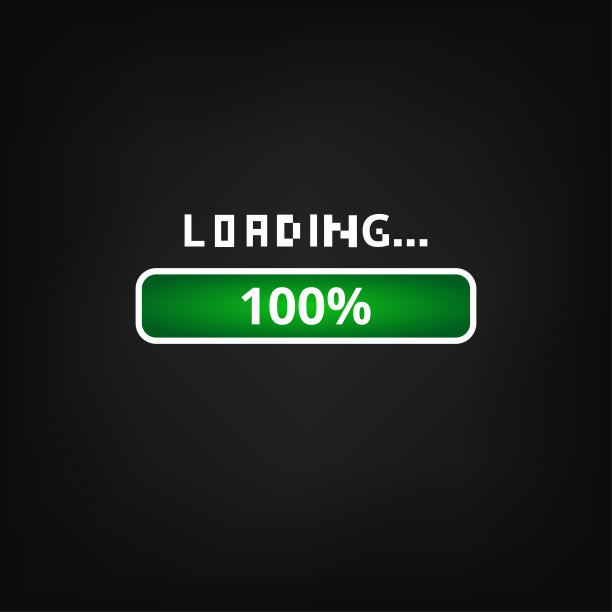 矢量插图的绿色加载条隔离在黑色背景，100%加载。图片下载