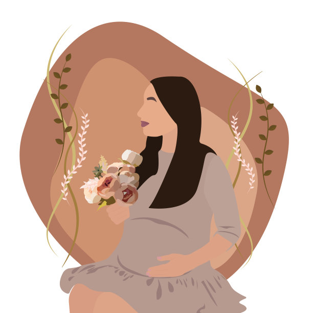 年轻的孕妇在棕色连衣裙和一束花图片下载