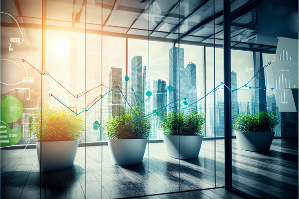 Bucida buceras盆栽植物，数字财产建筑，日落时的财务图表图片下载