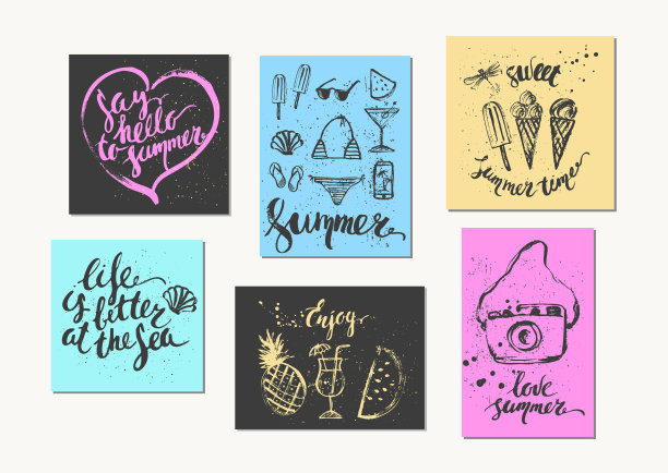 夏季卡片集与手绘草图和字母图片下载