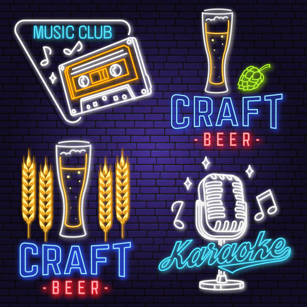 复古音乐霓虹灯海报、横幅。霓虹灯标志，标志，明亮的招牌，灯光横幅与啤酒酒吧标志，麦克风，音频卡带。矢量插图。广告明亮霓虹灯酒吧，酒吧和餐厅业务。图片下载