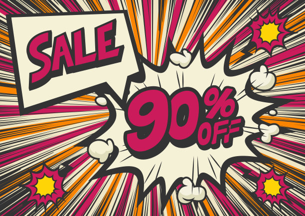 九折折扣漫画风格的刘海形状背景。流行艺术漫画打折促销横幅。图片下载