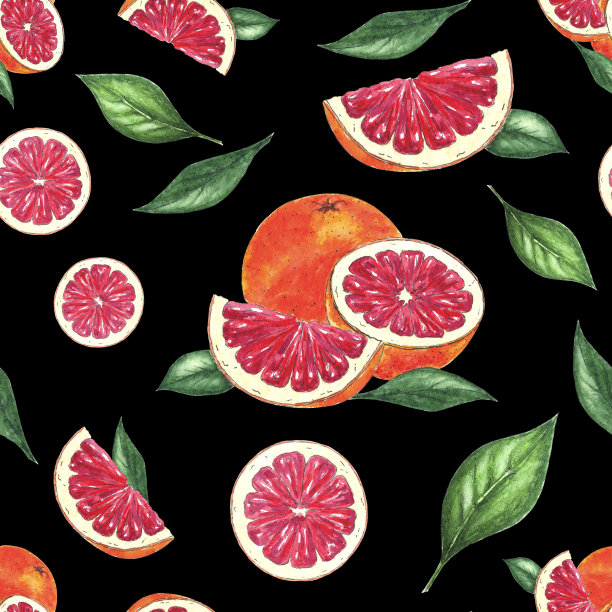 柚子和红橙片水彩无缝图案，叶子在植物风格水彩画，用于度假，婚礼和包装设计。用于织物，纺织品，壁纸，封面，印刷品，包装，纸张，剪贴簿，服装，床上用品图片下载