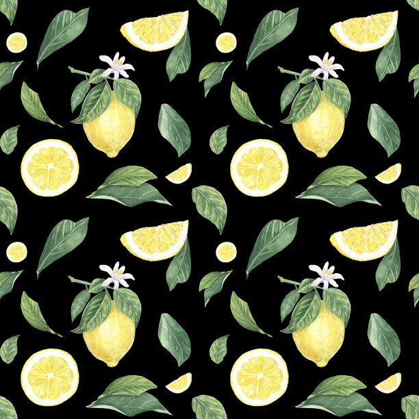 水彩无缝图案柠檬，片，花，叶子在黑色背景，手绘植物风格，度假，婚礼，食品设计。柑橘，热带水果织物，纺织品，壁纸，封面，印刷品，包装，纸张，剪贴簿图片下载