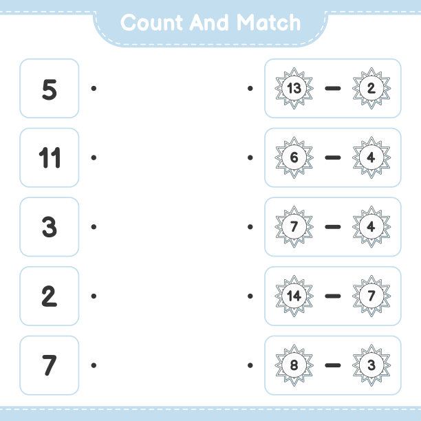 数和匹配，数雪花的数量，并匹配正确的数字。教育儿童游戏，可打印的工作表，矢量插图图片下载