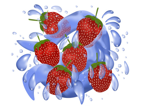 草莓洒在水花和水滴上图片下载