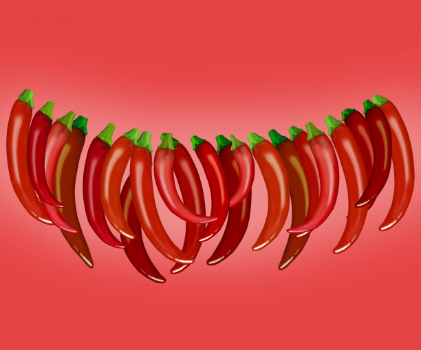 粉红色背景上有一排红辣椒。图片下载