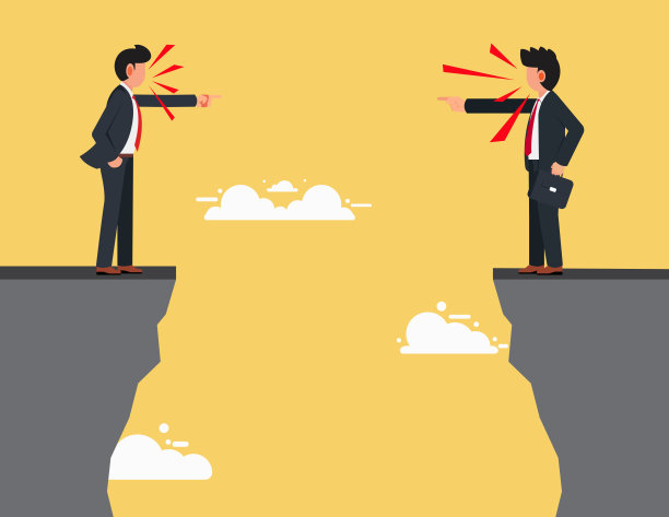 组织中的员工关系问题。两个商人站在悬崖上争吵。图片下载