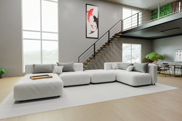 明亮的室内空间，两层楼和现代装饰3d渲染图片下载