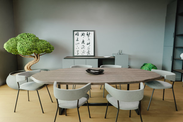 房间里有一张木桌，一幅日式画和一棵3d渲染的盆景树图片下载