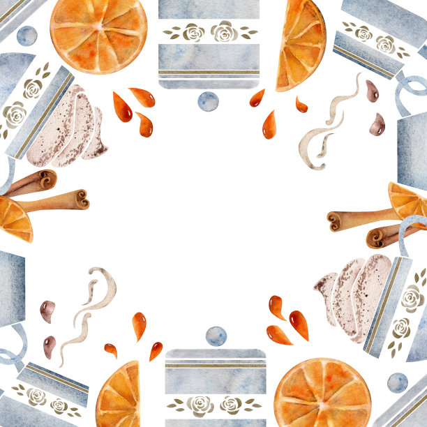 水彩手绘圈框花环与咖啡杯，橙片，果汁滴。肉桂香料。孤立在白色背景上。用于邀请，咖啡馆，餐厅的食物菜单，打印，网站，卡片图片下载
