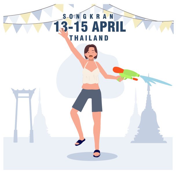 泰国水节概念。(泼水节)，女子手持水枪。平面矢量图图片下载