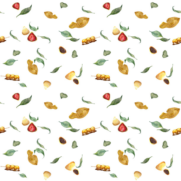 水彩无缝图案与手绘传统日本糖果。太烧，mitarashi dango，麻糬。孤立在白色背景上。请柬，餐厅菜单，贺卡，印刷品，纺织品图片下载