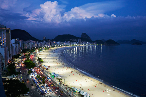 夜间全景鸟瞰科帕卡巴纳海滩和里约热内卢的建筑物图片下载