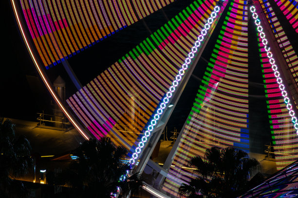 当相机长时间曝光时，摩天轮上令人难以置信的色彩和图案图片下载